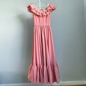 VTG‎ Victorian Pink Renaissance Ruffle Lace Prairie Maxi Dress Cottagecore Gown